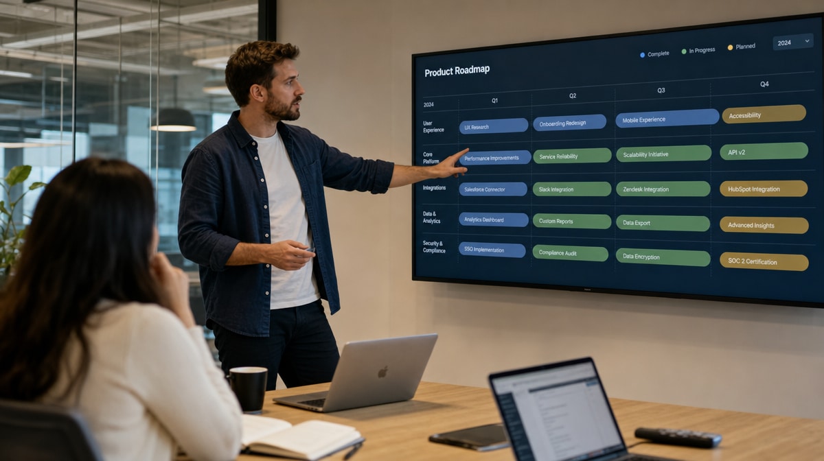 Product manager presenting a product roadmap on a wall display to a colleague in a meeting room
