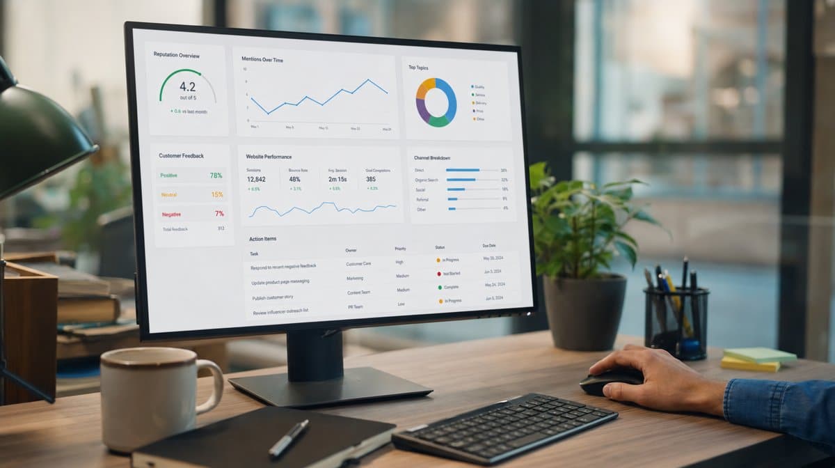 Marketing manager reviewing a website performance dashboard for brand public image