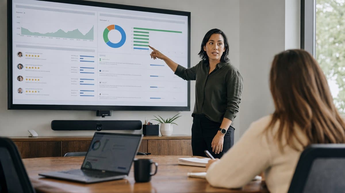 Operations manager reviewing a sustainability dashboard as part of brand reputation planning