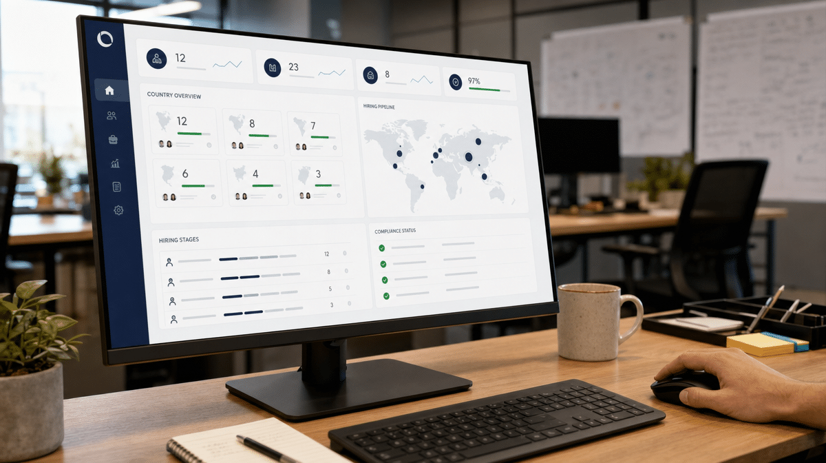 Global hiring workflow dashboard on an office monitor