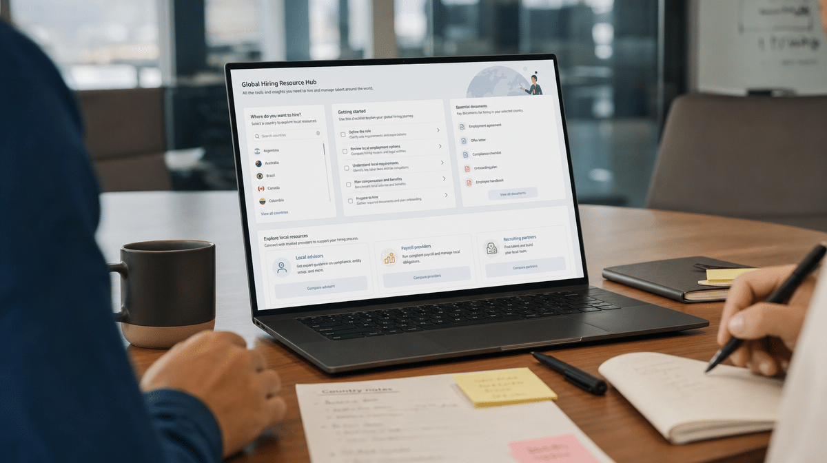 International hiring resource checklist displayed on a laptop