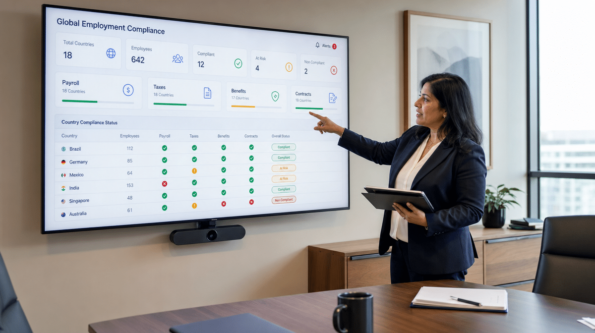 Manager reviewing global employment compliance dashboard