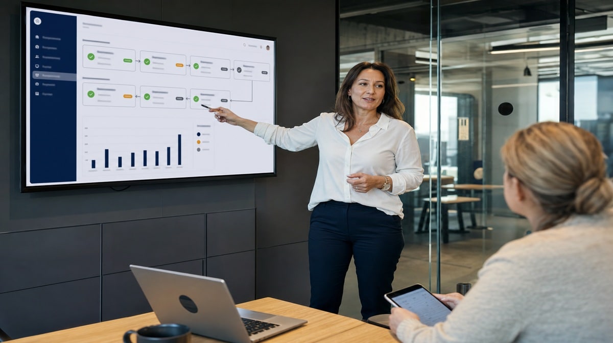 Manager presenting a decision-authority dashboard to a colleague in a meeting room