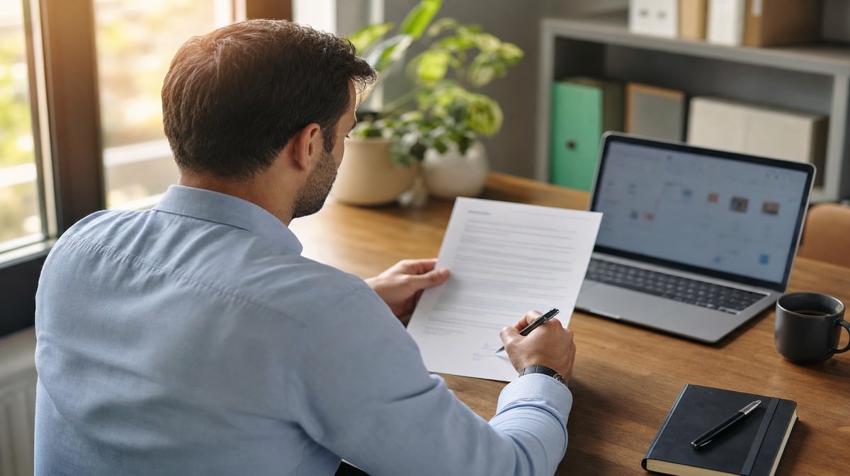 Employee at a desk confidently signing off on a workplace decision