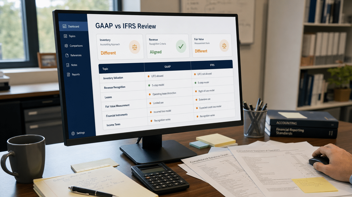 Accounting standards dashboard comparing GAAP and IFRS reporting differences