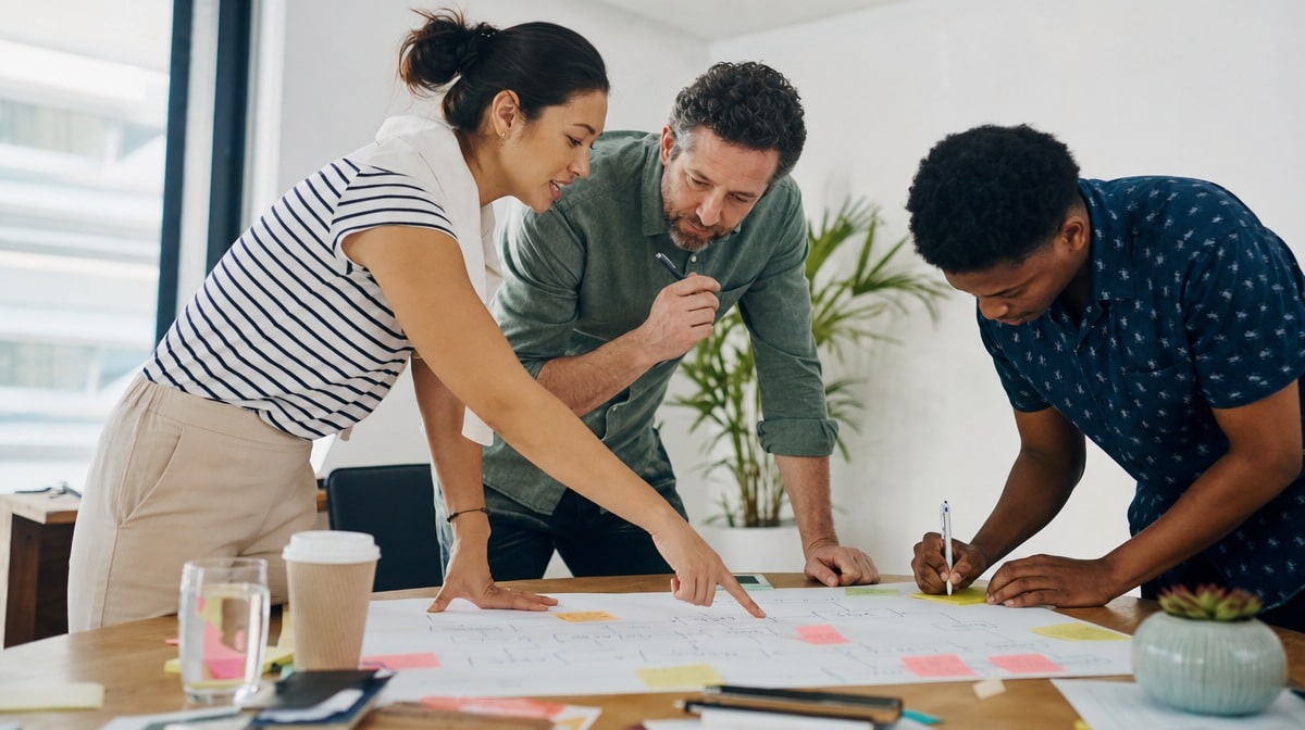 A cross-functional team collaborating around a table to map out a work process with sticky notes