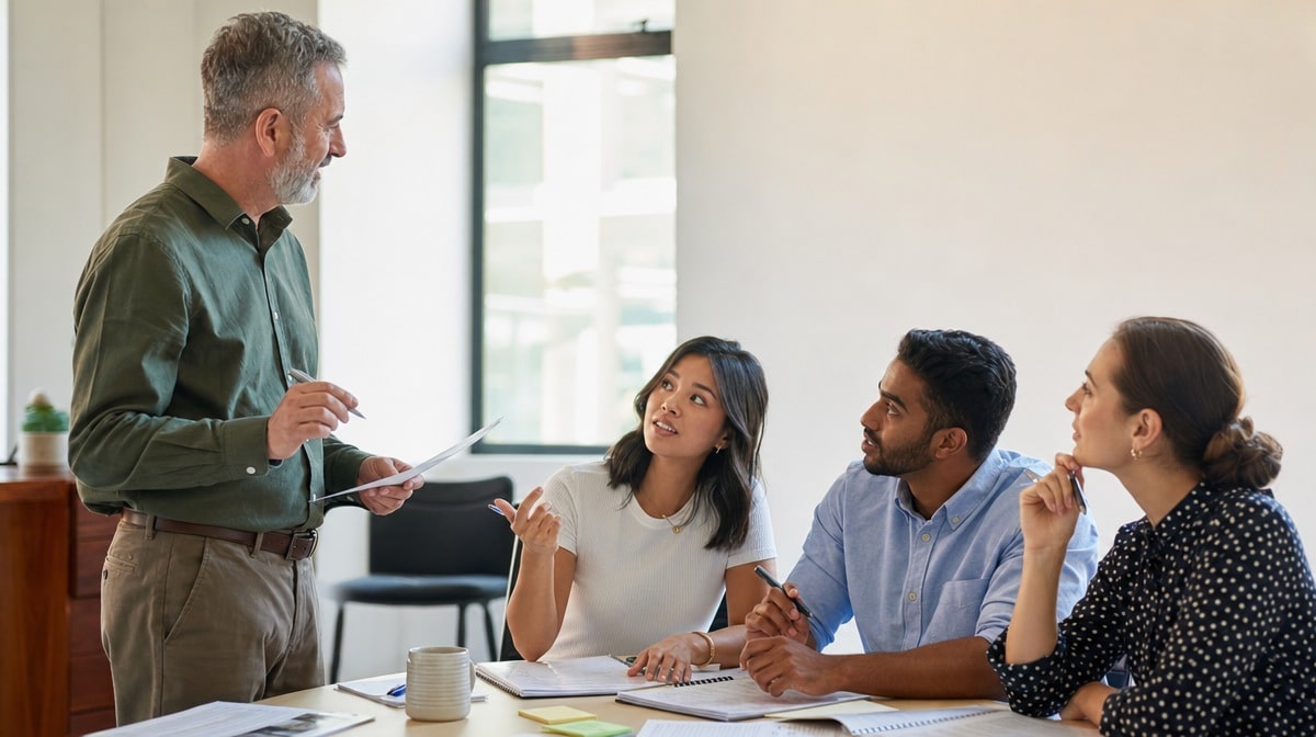 A facilitator leading a small-group employee training session with engaged staff taking notes