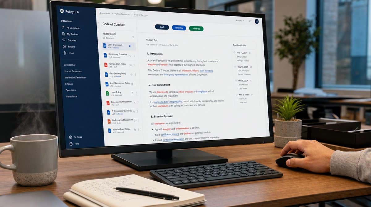 Editor reviewing a policy document on a desktop screen with revision history and approval status indicators