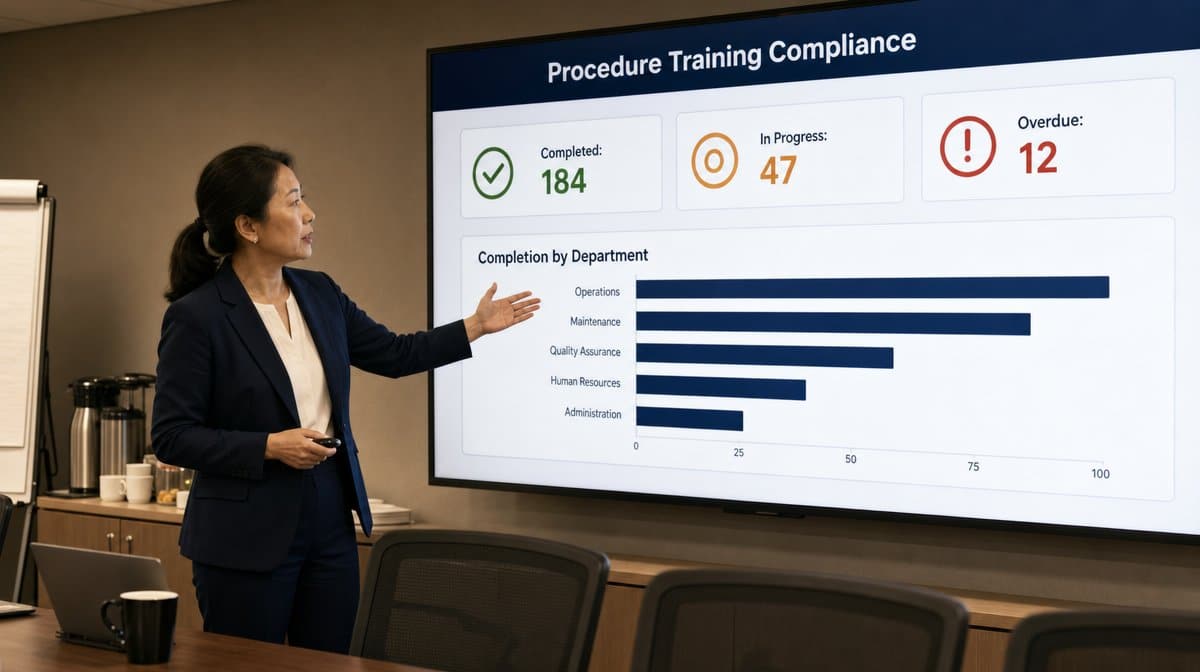 Training lead presenting a procedure training compliance dashboard with completion KPIs to a learning room