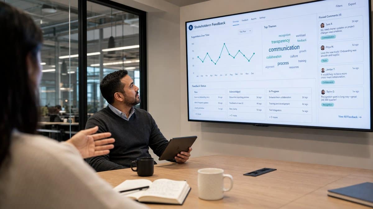 Operations manager reviewing a stakeholder feedback dashboard with a colleague in a glass-walled meeting room