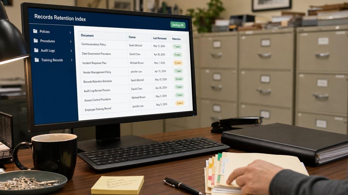 Records retention index dashboard on an office monitor showing a folder tree and a document table