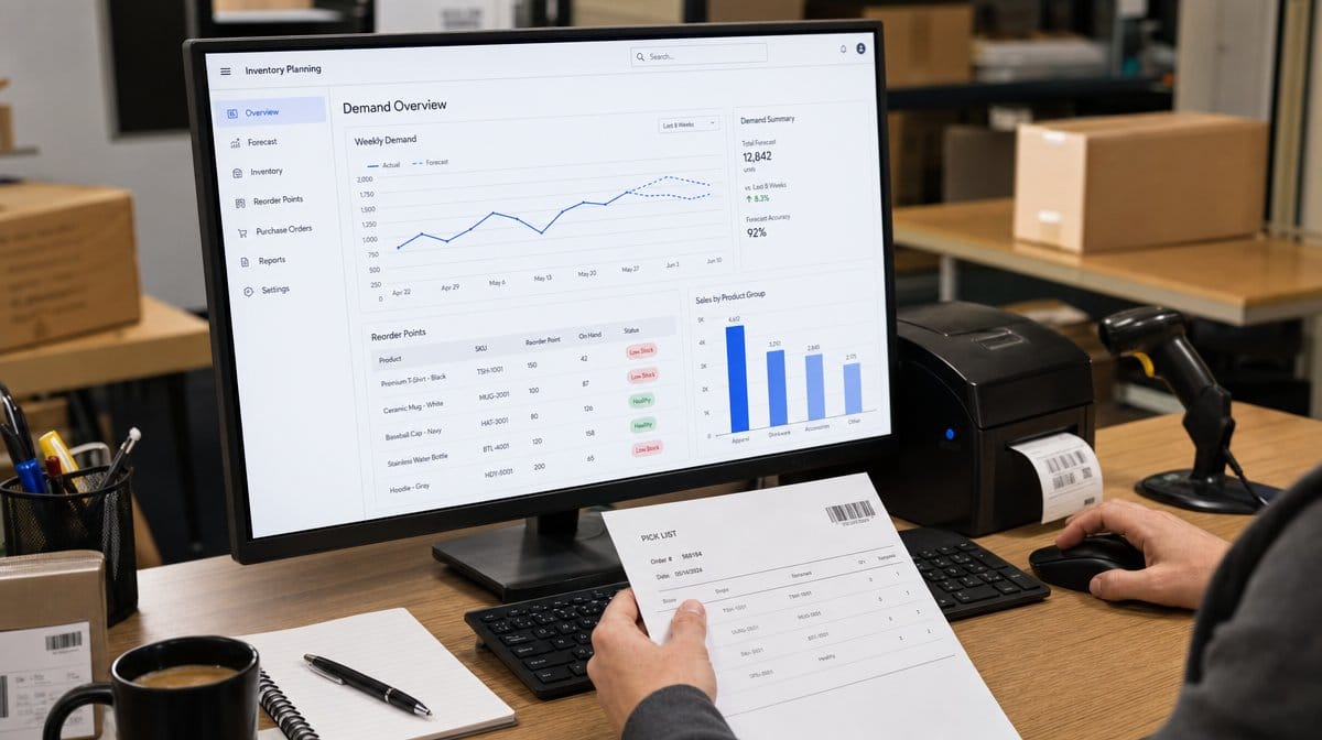 Inventory demand planning dashboard on an office monitor