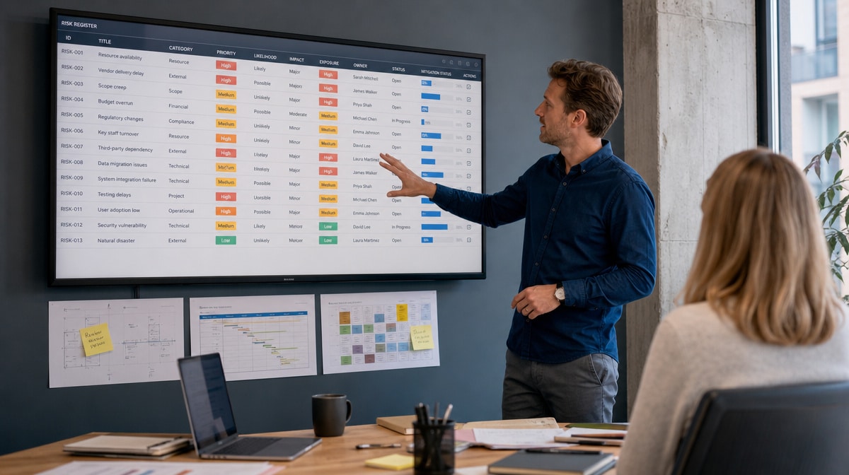 Project manager identifying risks on a risk register dashboard