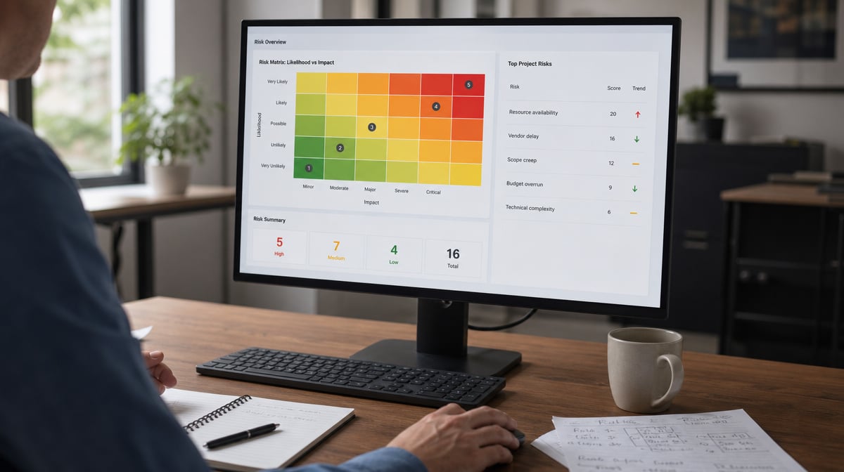 Risk assessment matrix dashboard showing likelihood and impact priorities