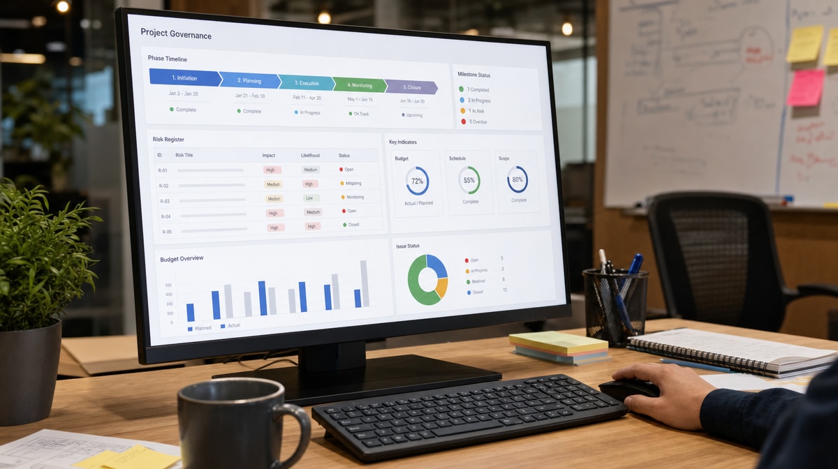 Project phase dashboard showing initiation planning execution monitoring and close