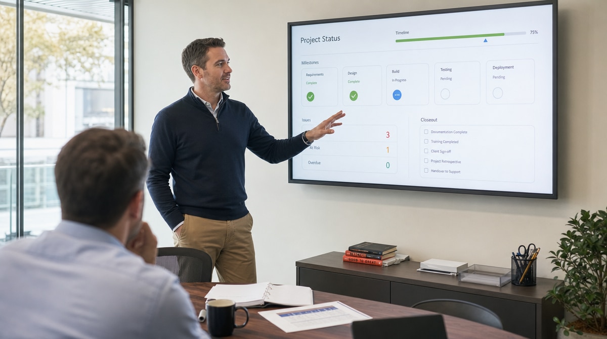 Project manager reviewing project tasks risks and deliverables on a dashboard