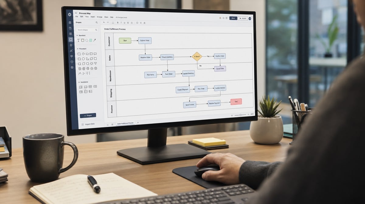 Process-mapping software showing a swimlane flowchart on an office monitor