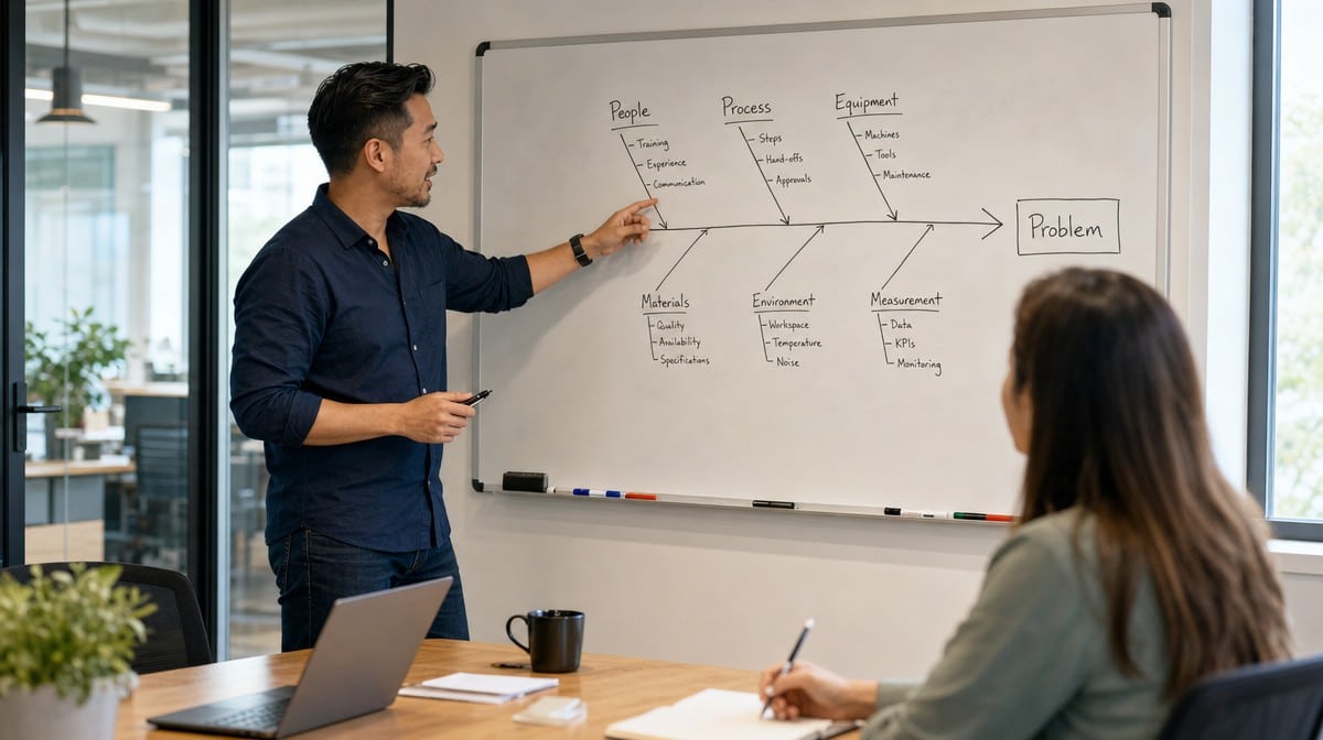 Facilitator pointing at a hand-drawn fishbone cause and effect diagram on a whiteboard