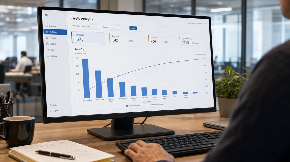 Analytics dashboard on a monitor showing a Pareto chart of descending bars with a cumulative line