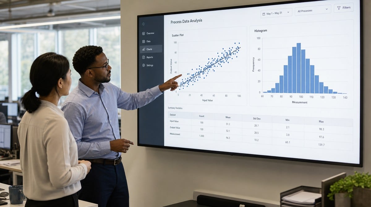 Two analysts reviewing a scatter plot and histogram on a large wall-mounted display