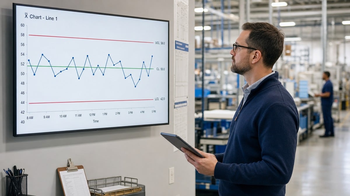 Operations supervisor reviewing a control chart on a wall display on a production floor