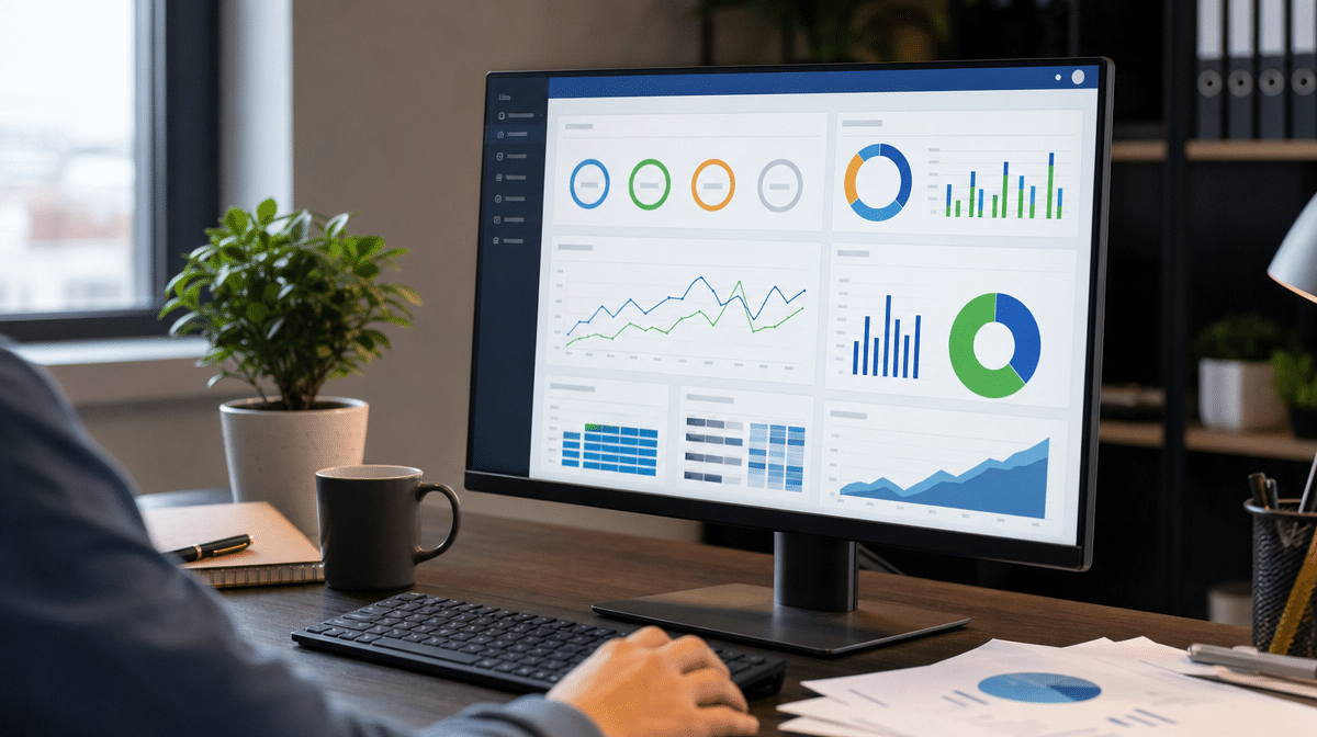 Office monitor showing a generic client reporting dashboard with charts