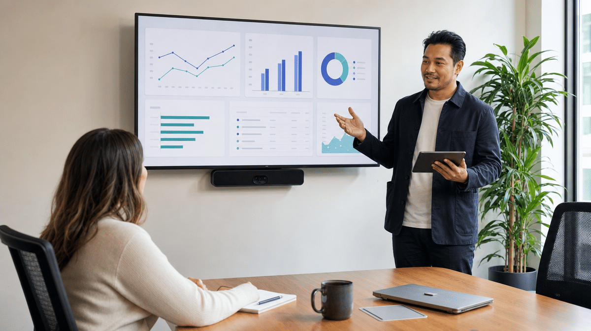 Client success manager presenting a simple dashboard in a meeting room