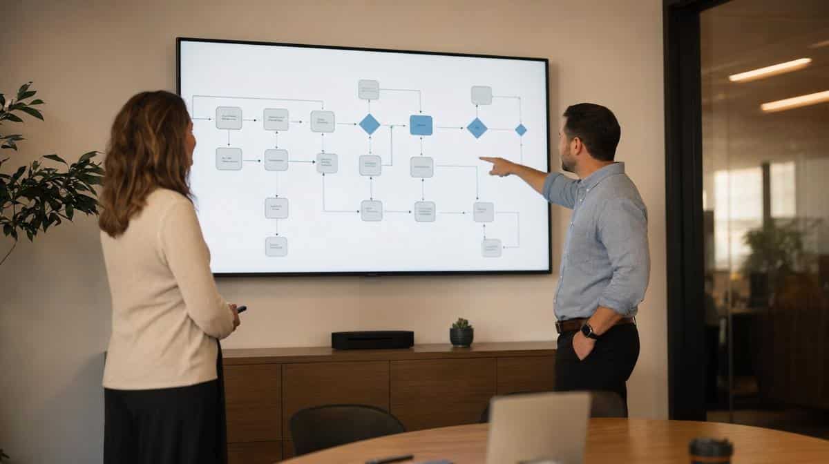 Two professionals in a conference room reviewing a process flowchart on a wall display
