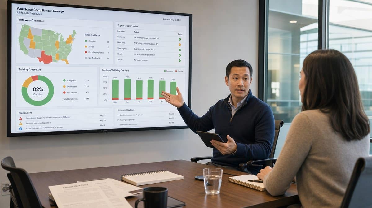 HR and payroll team reviewing remote workforce compliance dashboard