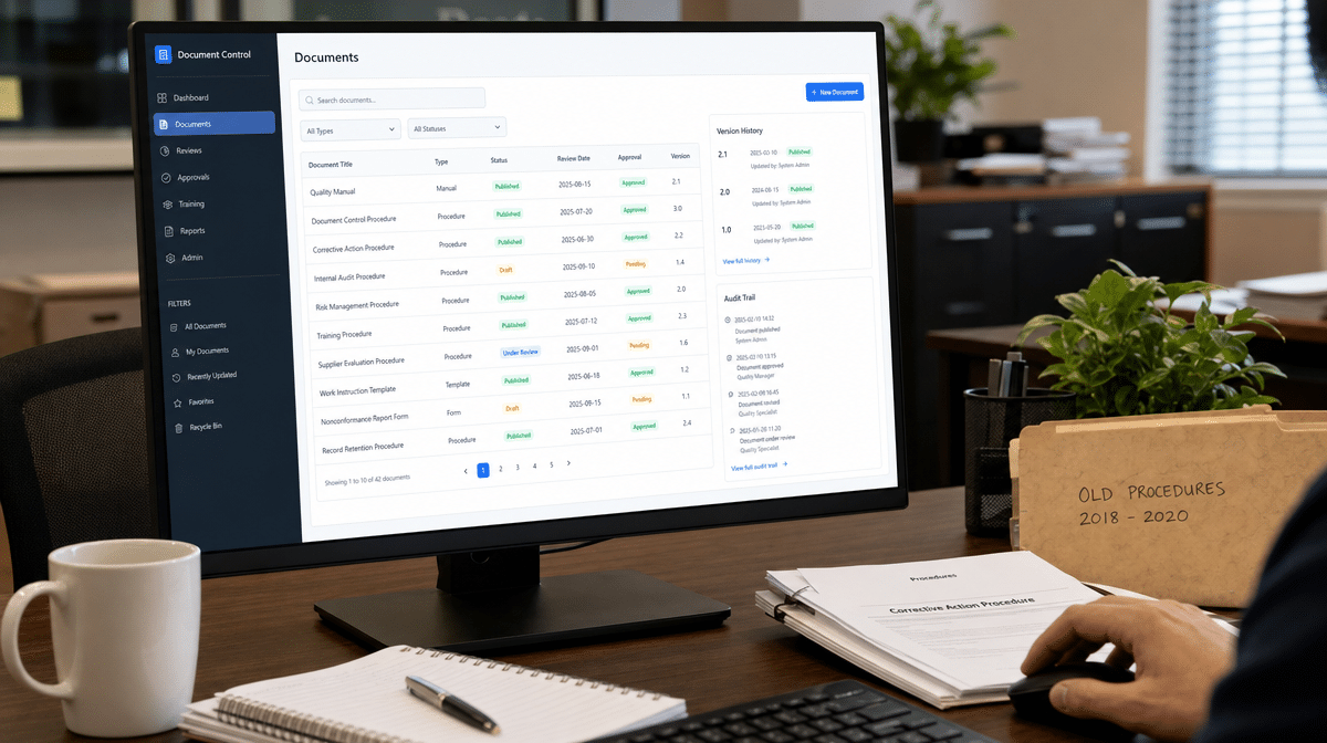 Document control dashboard showing approvals version history and audit trail