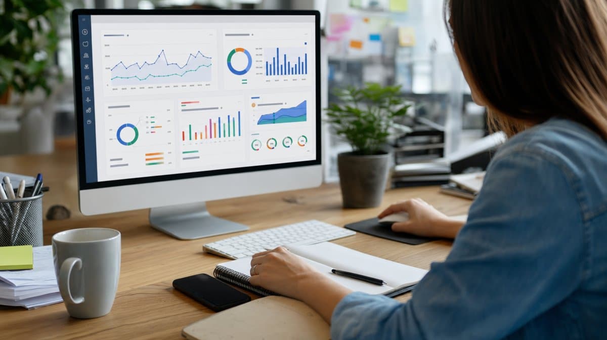 Marketing analyst reviewing website analytics and social media metrics