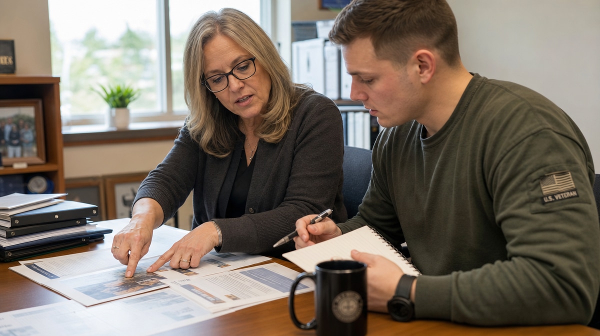 Mentor and a young military veteran employee reviewing a printed career development plan at a desk
