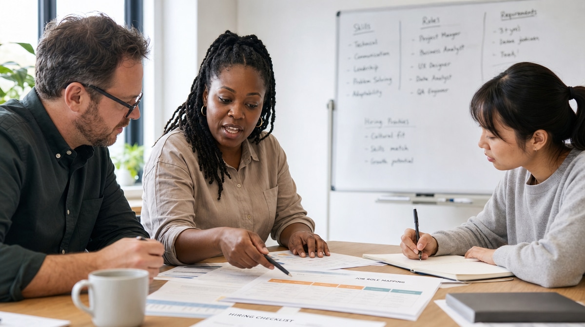 Diverse hiring team reviewing job role mapping sheets and a hiring checklist for veteran candidates