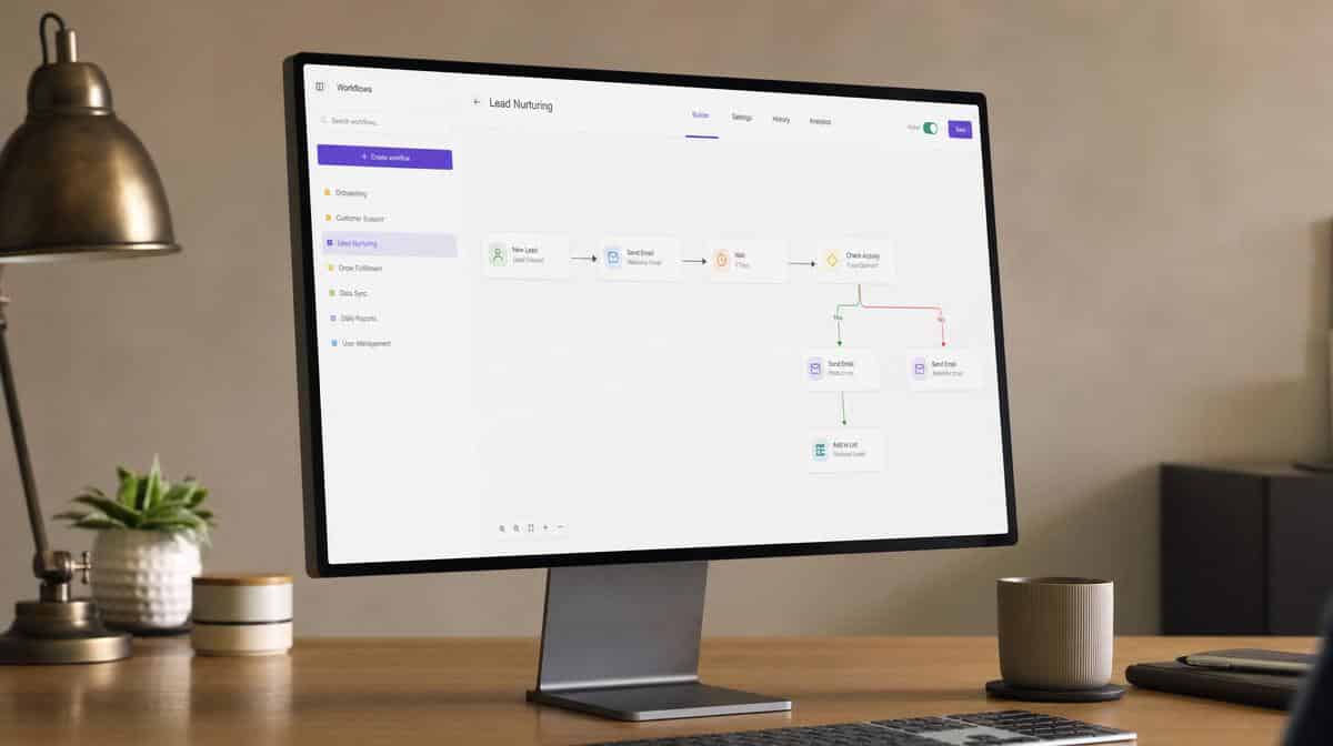 Workflow automation dashboard displayed on a desktop monitor at an angle