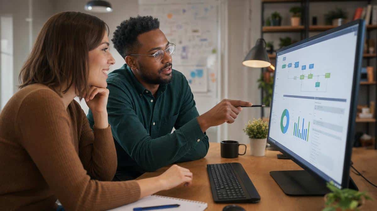 Small business team reviewing workflow automation results on a desktop computer in a modern office