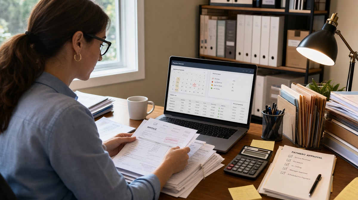 Accounts payable clerk reviewing supplier invoices and payment schedule