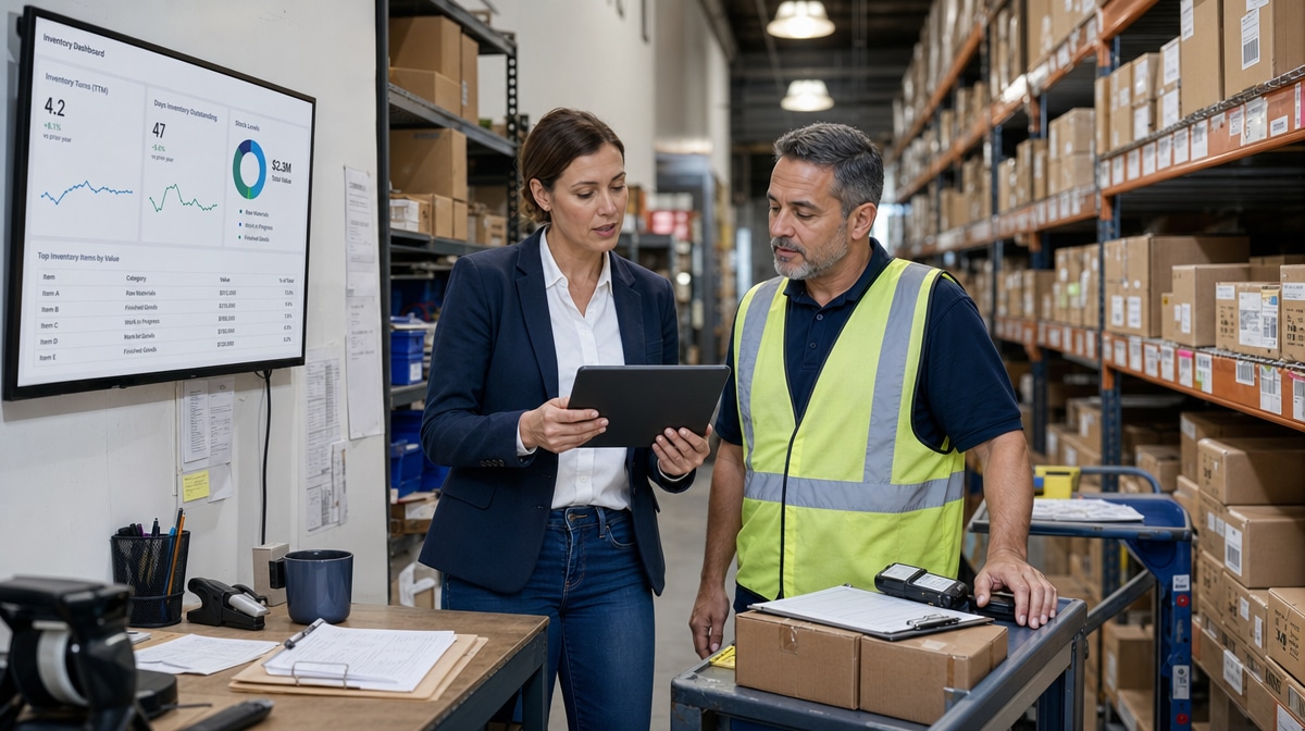 Finance and warehouse managers reviewing inventory turnover in a stockroom