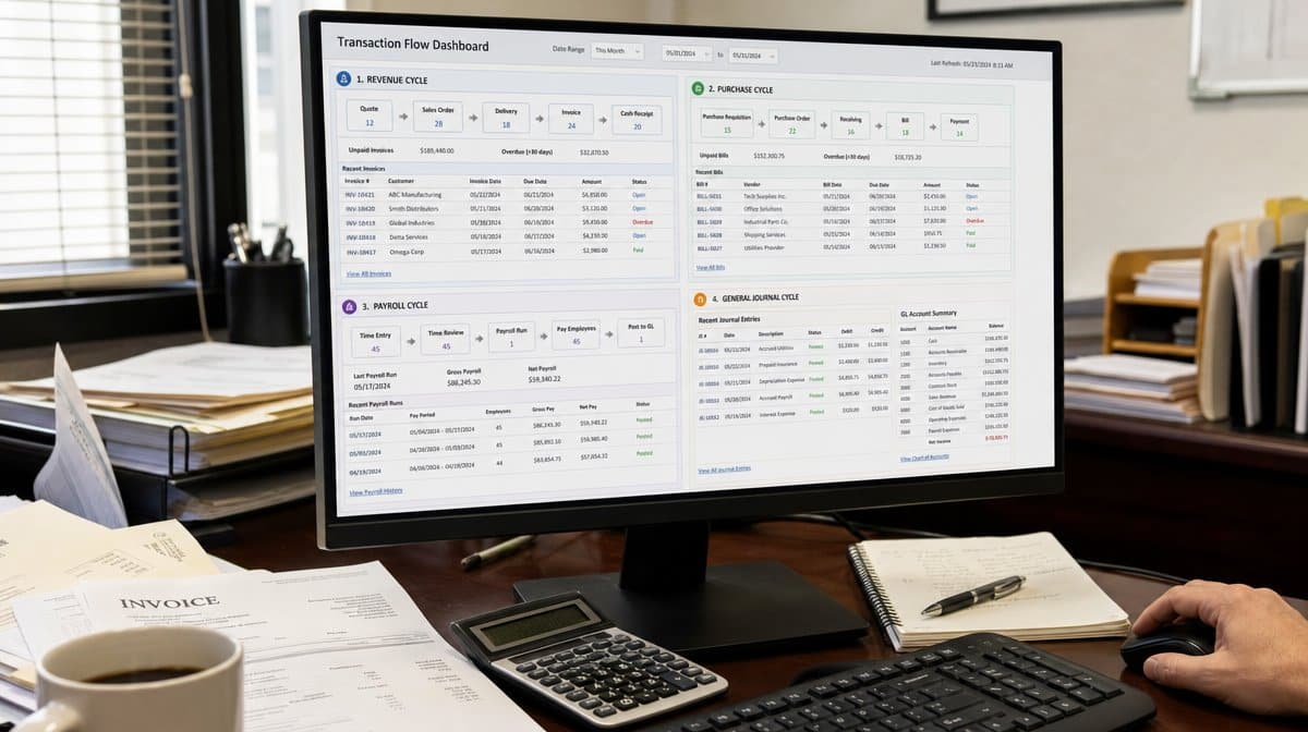 Accounting transaction flow dashboard showing revenue, purchase, payroll, and journal cycles