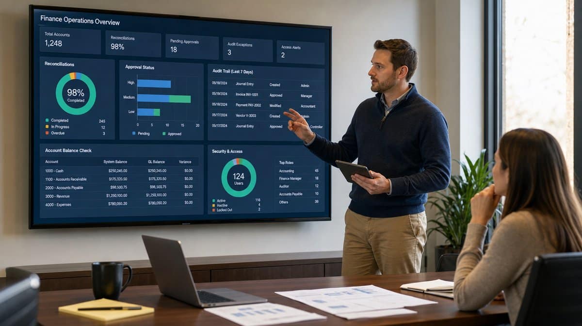 Accounting manager reviewing reconciliation and approval controls on a finance dashboard