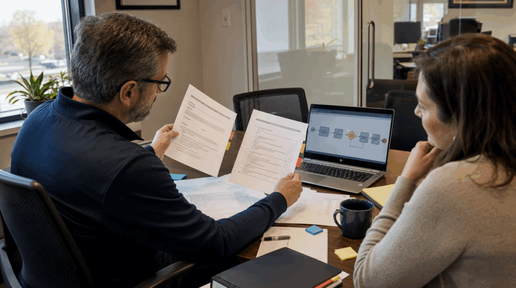 Manager reviewing procedure detail levels in an SOP binder and checklist