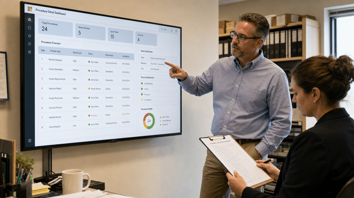 Procedure detail dashboard showing process steps and review status