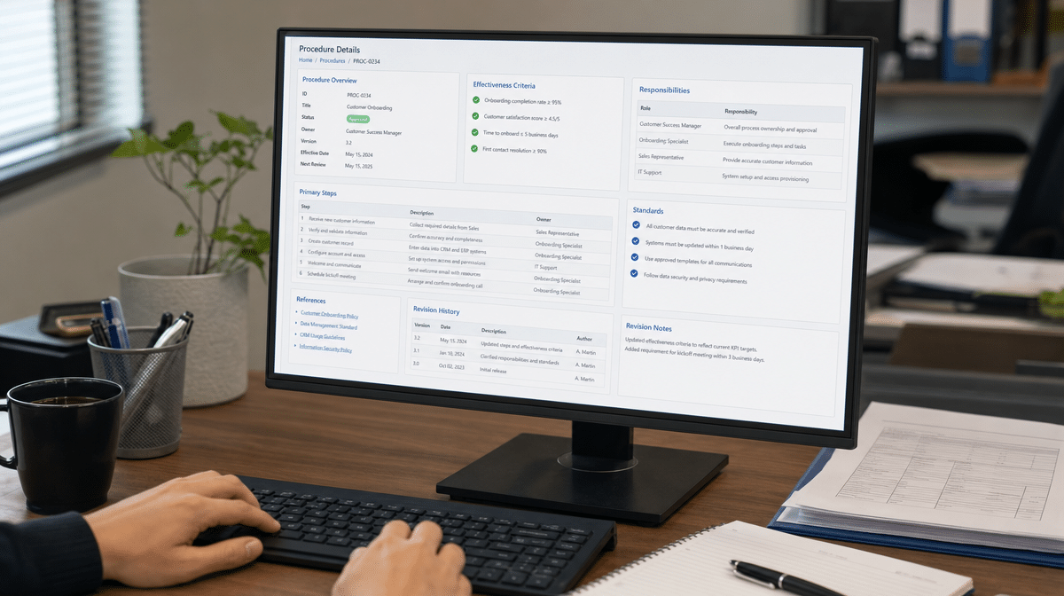 SOP template checklist showing procedure elements and responsibilities
