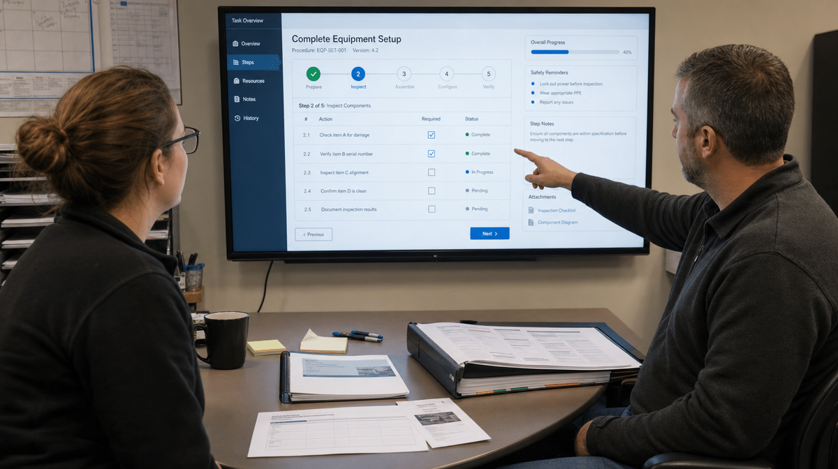 Employee reviewing detailed work instructions on a training screen