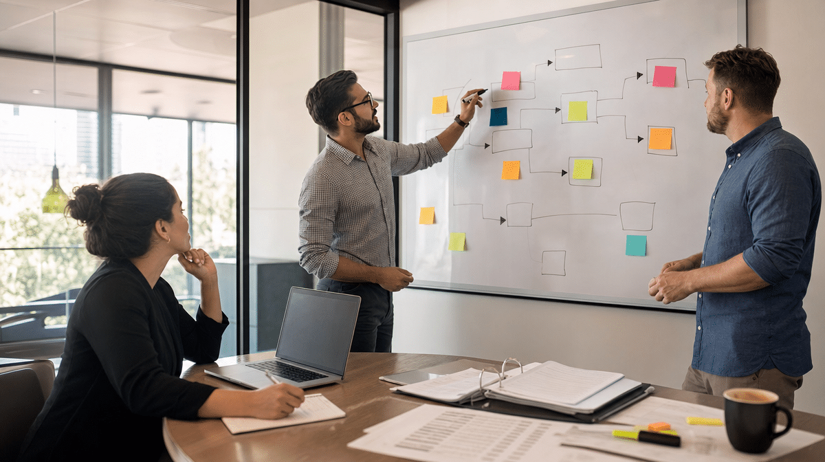 Team mapping business continuity recovery strategies on a whiteboard