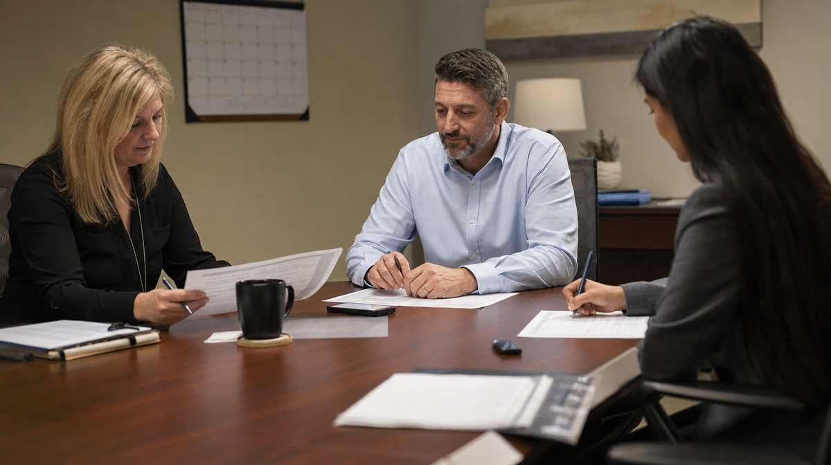 Business team reviewing a continuity communication plan around a table