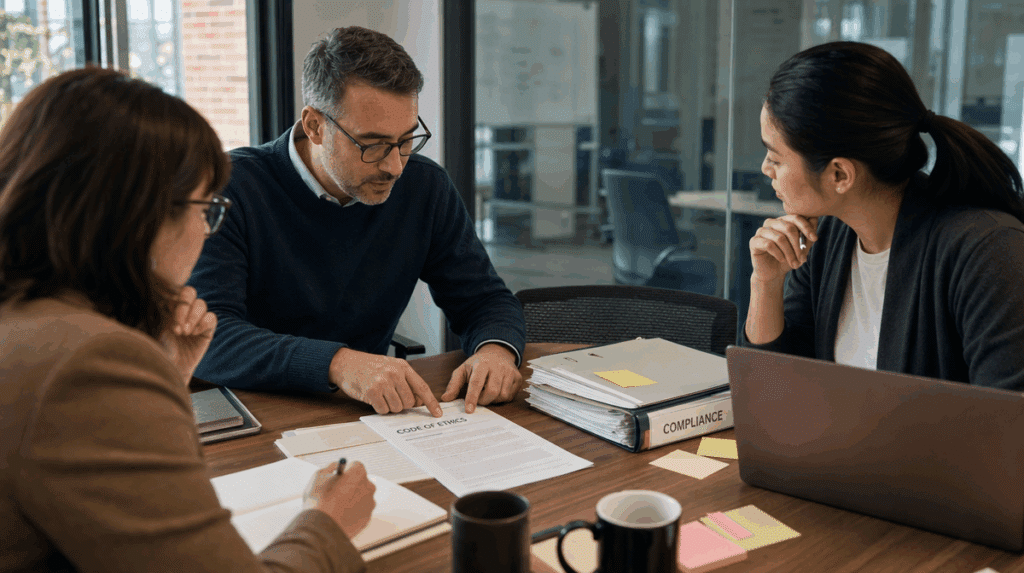 Business leaders reviewing an ethics policy draft in a conference room