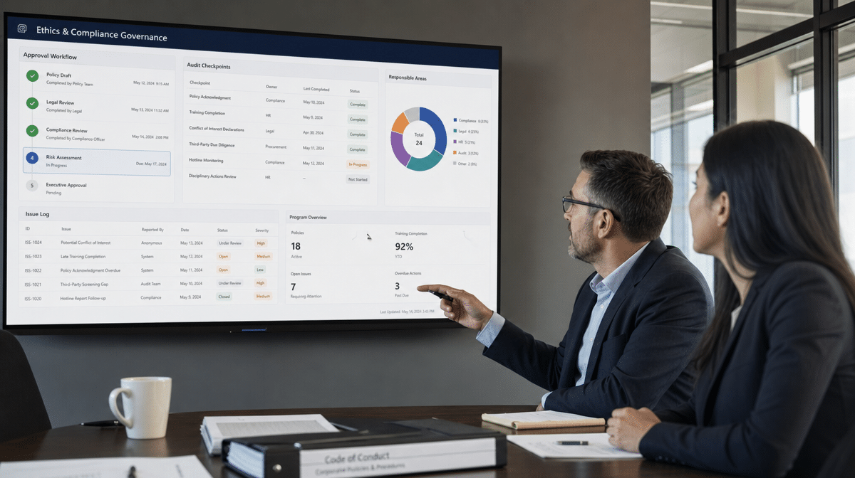 Compliance manager presenting an ethics policy rollout dashboard
