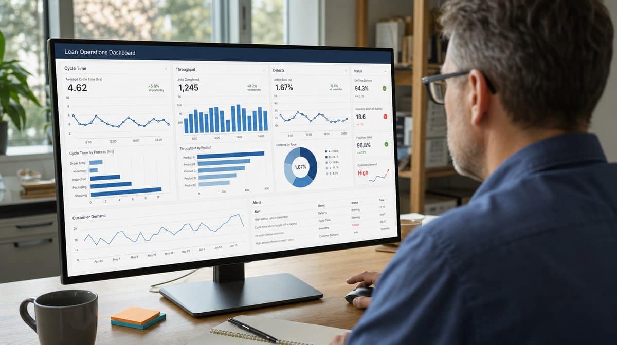 Lean operations dashboard showing metrics for cycle time and throughput