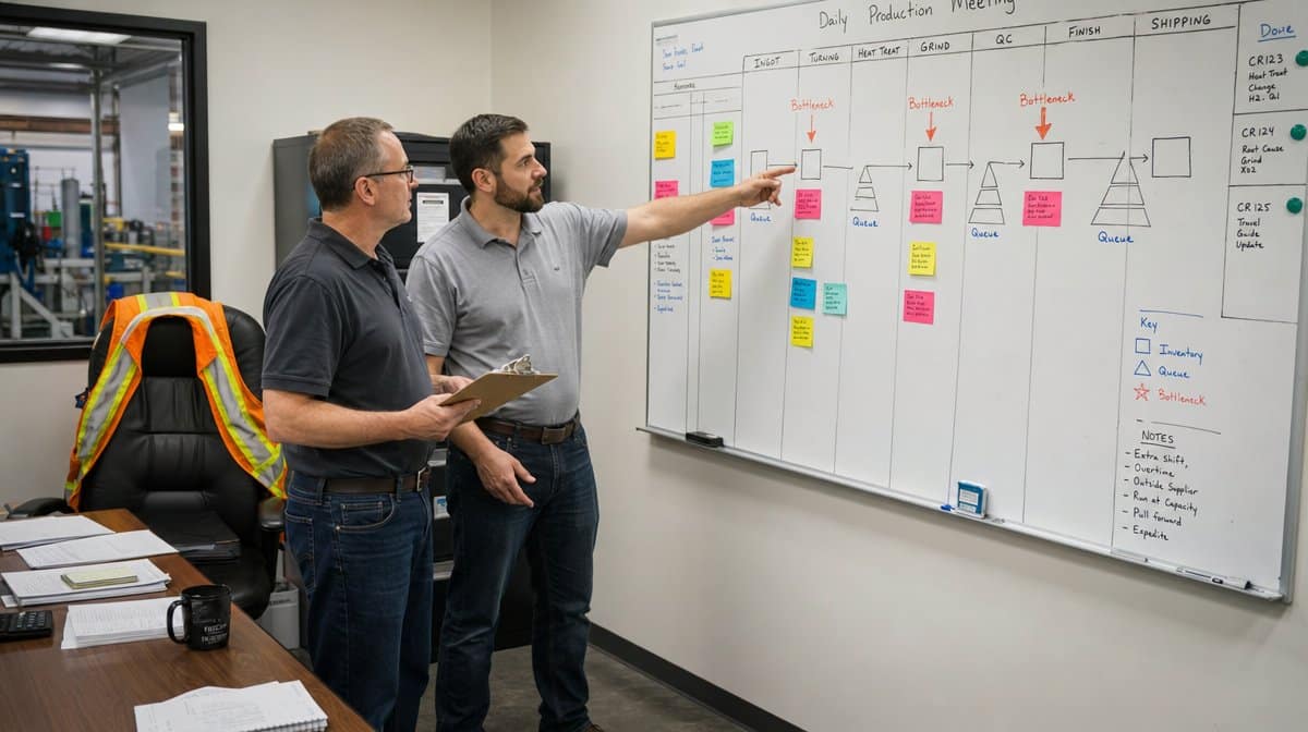 Managers reviewing a constraint flow board during Lean planning