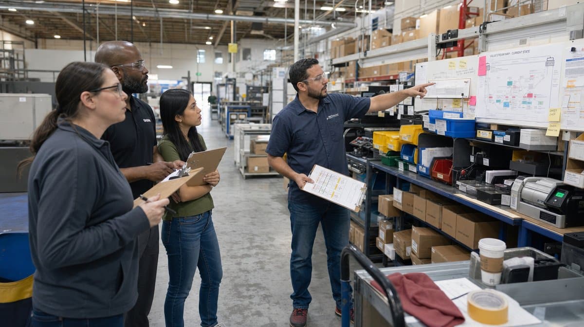 Operations team performing a first pass Lean waste assessment
